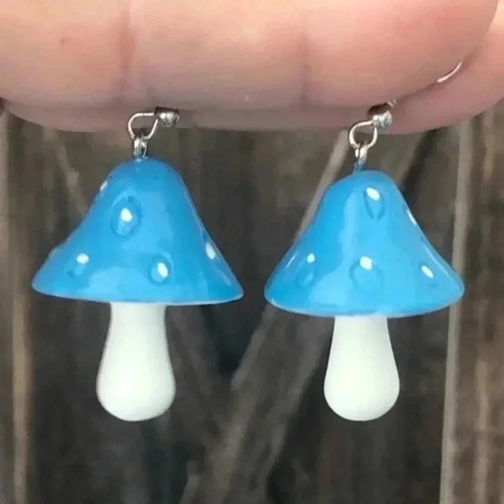 Blue & White Big Psychedelic Cartoon Mushroom Drop Earrings